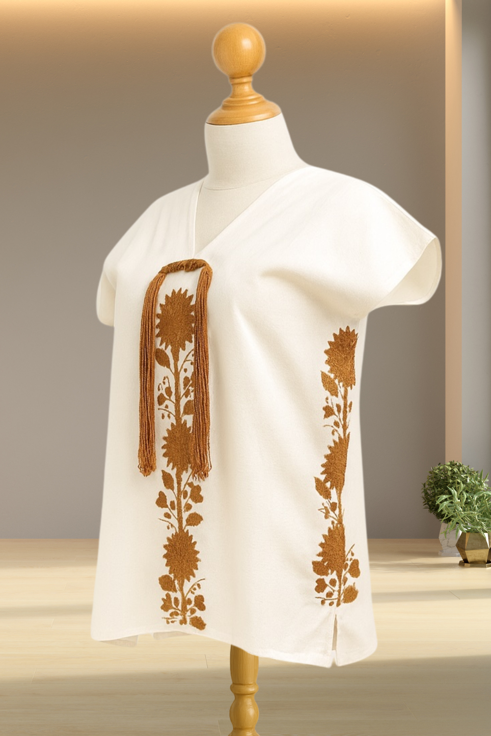 Huipil Auténtico de Yalalag Flores Beige