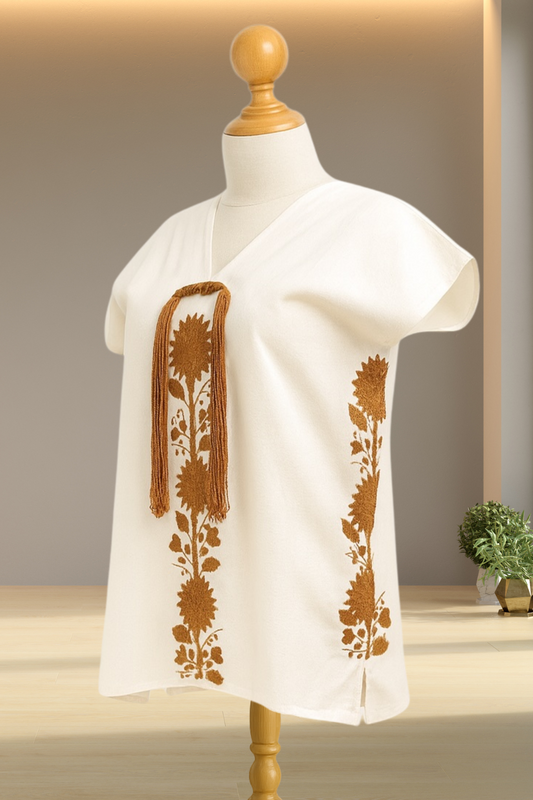 Huipil Auténtico de Yalalag Flores Beige