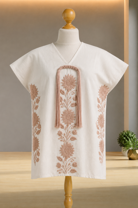 Huipil Auténtico de Yalalag Flores Beige