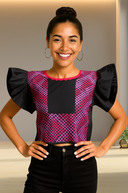Blusa Leticia de cadenilla negro y bugambilia