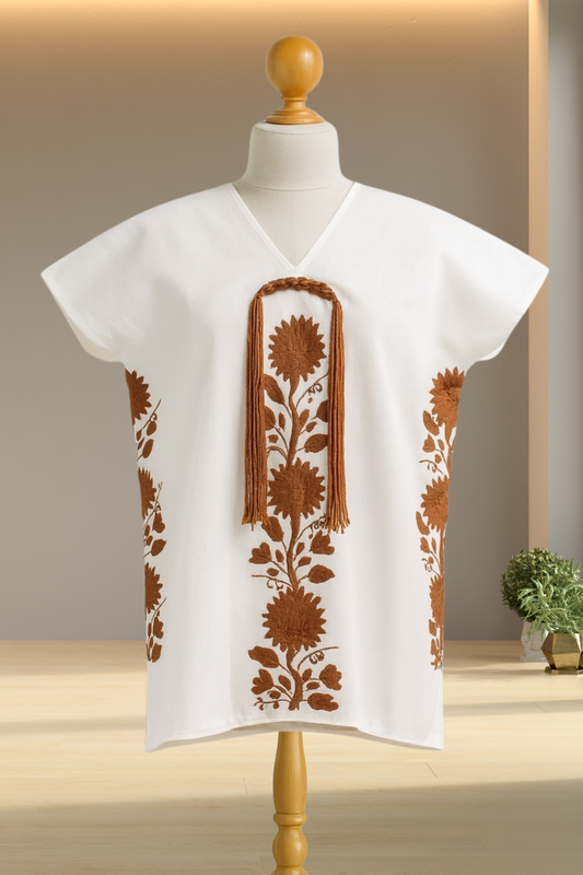 Huipil Auténtico de Yalalag Flores Beige