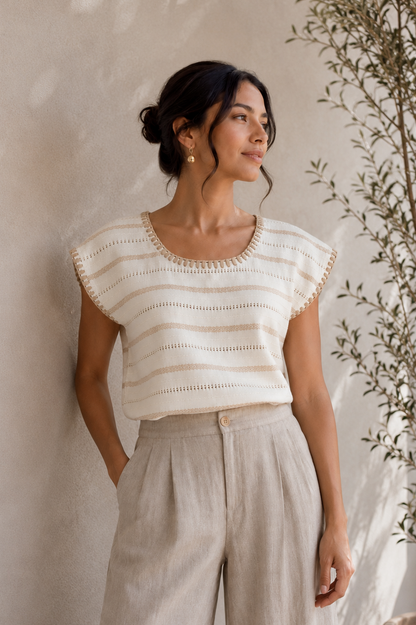 Blusa Irina 2 blanco con beige arena