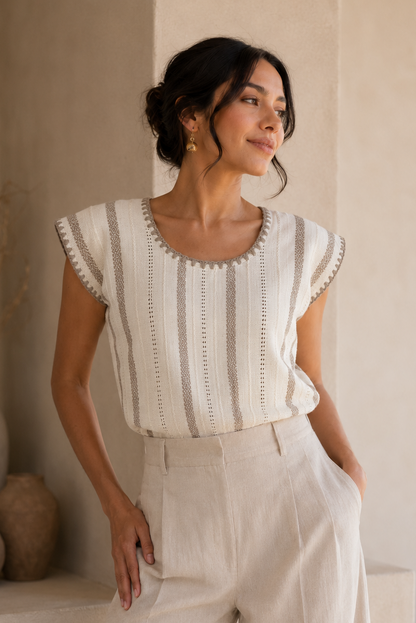 Blusa Irina blanco con beige arena