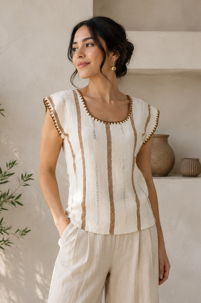 Blusa Irina blanco con café caramelo