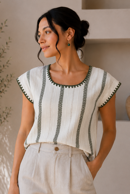 Blusa Irina blanco con verde olivo