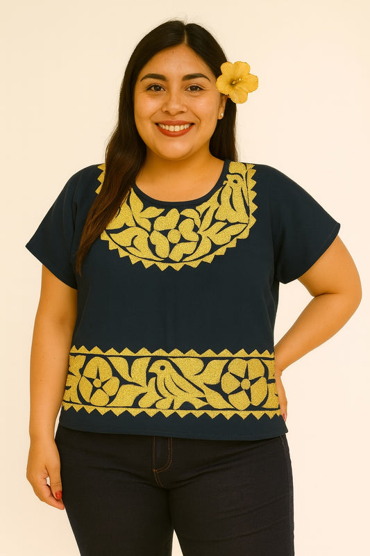 Blusa Jalapa de Díaz media gala amarillo – Extra Grande