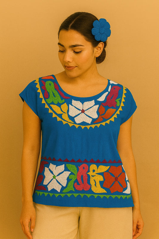 Blusa Jalapa de Díaz media gala azul– Grande