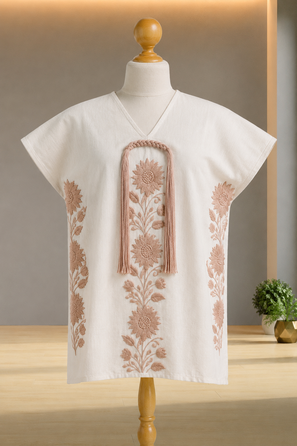 Huipil Auténtico de Yalalag Flores Beige