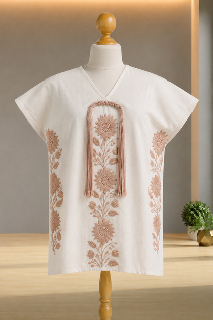 Huipil Auténtico de Yalalag Flores Beige