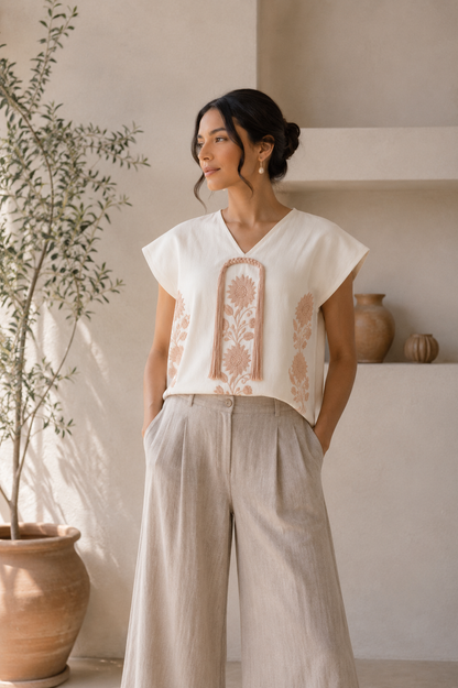 Huipil Auténtico de Yalalag Flores Beige