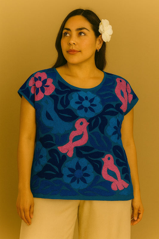 Blusa Jalapa de Díaz azul y rosa – Mediana